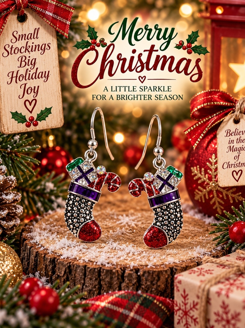 Festive Holiday Stocking Ornament Earrings — Red, Black & Green Sparkle